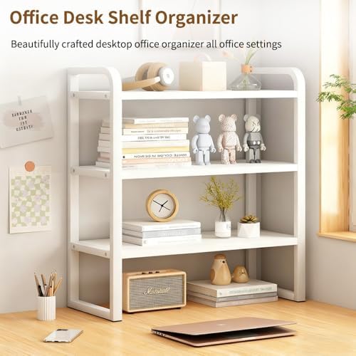 Office Desk Shelf Organizer, Wood Desktop Bookshelf Supplies Storage Rack, Shelf for Top of Desk and Dresser and Cubicle Decor Aesthetic Bookshelf (White White-three Tier, 15.75 Lx7.87 Wx22.05 H) - Image 3