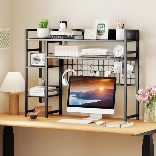 Tangkula Desktop Bookshelf for Computer Monitor Up to 32”, Countertop Storage Hutch with 4 Open Shelves, Grid Panel, 6 Hooks, Anti-tip Device, 4-Tier Desktop Shelves for Home Office Dorm, Black - Image 2