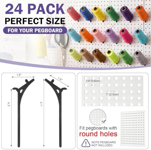 Xuhal 24 Pack Pegboard Spool Hooks for 1/4" Pegboard Organizer for Raft Embroidery Sewing 45 Degree Angled Spool Holder Quilting Craft Organizer Accessories for Thread Tape Paper Rolls(Black) - Image 2