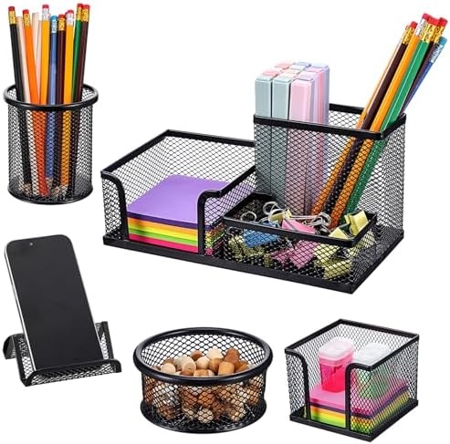 Black Mesh Pen Holder for Desk Pencil Holders 5 Pieces Desk Organizer Office Supplies Caddy with Sticky Notes Holder for Office Home by Unknown