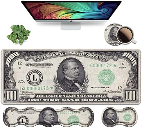 Ergonomic Keyboard Wrist Rest and Mouse Pad Wrist Rest Set, Large XXL Gaming Mousepad 31.5"x 11.8", Memory Foam, Easy Typing Pain Relief, Multifunctional Desk Mat for Office & Home, 1000 Dollar Bill by Unknown