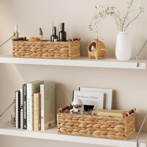 Vagusicc Wicker Storage Basket, Set of 2 Hand-Woven Water Hyacinth Wicker Basket for Organizing with Handle Decorative Storage Bins for Counter Pantry Shelves Toilet Paper Basket for Toilet Tank Top - Image 5