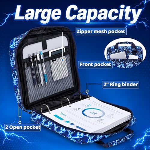 Zipper Binder Folder Keeper with Strap 2", 3 Ring, Blue, Lightning - Image 3