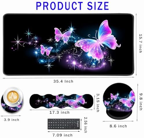 Mouse Pad,Large Pink Desk Mat, 4in1 XXL Mousepad + Keyboard Wrist Rest+Mouse Wrist Rest+Coaster Set with Ergonomic Desk Pad for Home Office Table Computer-Glowing Night Pink Butterflies - Image 2