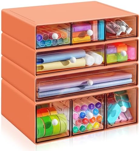 Desk Organizer with 9 Drawers, 4 Tiers Stackable Storage Drawers, Desktop Storage Box with Clear Drawers for Stationery, Makeup, Jewelry, Office and Craft Supplies (Orange) by Unknown