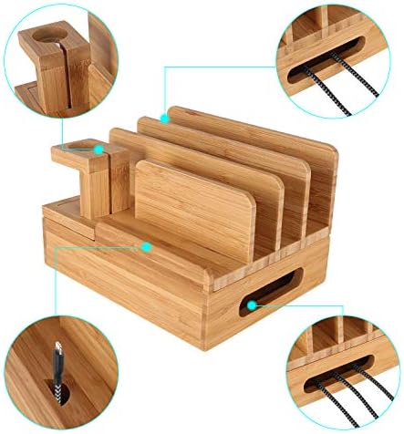 Bamboo Wood Multi-Device Desktop Charging Dock Station Charger Holder Cradle Charge Stand Compatible iPhone 16 15 14 13 Pro Max iPad Mini Pro Air Apple Watch Ulrta 10 9 8 7 6 5 4 3 2 iWatch Smartphone - Image 4