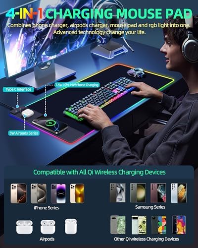 Mouse Pad with Wireless Charger, RGB Gaming Mousepad, 31.5"x15.7" Extra Large Desk Mat, 13 Light Modes, Ultra-Smooth Surface, Non-Slip Base, Waterproof Computer Keyboard Pad, Black with PD Adapter - Image 3