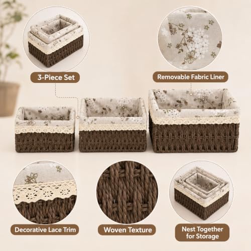 3-Piece Wicker Storage Baskets for Shelves, Storage Basket Set, Coffee - Image 3
