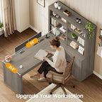 SEDETA Farmhouse L Shaped Computer Desk, 59'' Wood Office Desk with 3 Drawers and 5-Tier Bookshelf, Corner Desk with Storage Shelves and Power Outlet for Home Office Small Space, Grey - Image 7