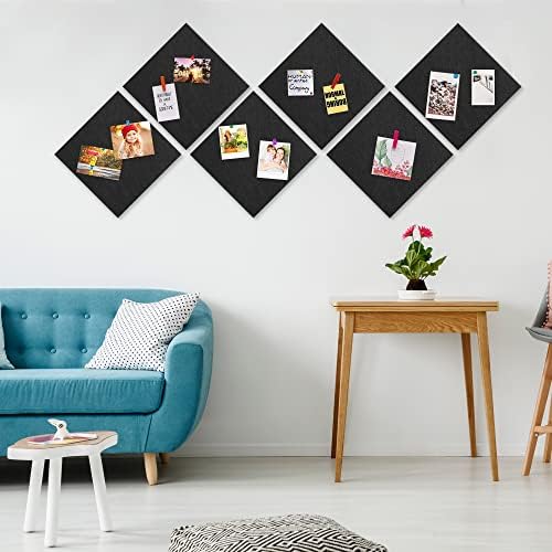 AKTOP Cork Board Bulletin Board 12x12, 1/2" Thick Felt Cork Board Tiles 6 Pack, Small Square Pin Board for Wall, Self Adhesive Corkboards with 60 Push Pin Wood Clips for School, Home & Office, Black - Image 2