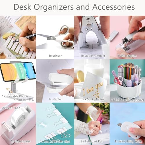 Office Supplies, White Desk Accessories,Desk Organizer,Phone Stand,Scissors,Stapler,Tape Dispenser,Binder clips,Staples,staple remover,Sticky Notes,Index Tabs,Clear Tape,Mini Box Cutter,Cool Pen.16pcs - Image 7