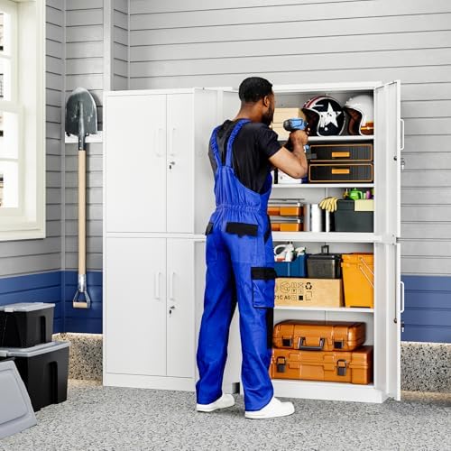 Yizosh Metal Storage Locking Cabinet with 4 Doors and 2 Adjustable Shelves,71" Lockable Garage Tall Steel Cabinet,for Home Office,Living Room,Pantry,Gym,Commercial Storage (White) - Image 2