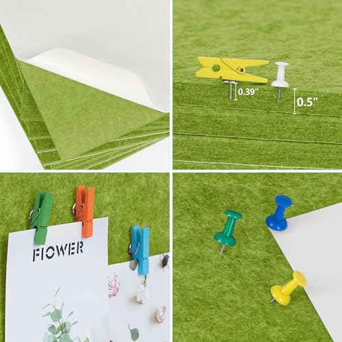 AKTOP Cork Bulletin Board 12x12, 1/2" Thick Felt Cork Board Tiles 12 Pack, Small Square Pin Board for Wall, Self Adhesive Corkboards with 120 Push Pin Wood Clips for School, Home & Office, Green - Image 5