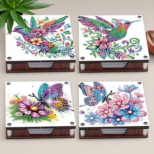 4pcs Flower Bird Butterfly Diamond Art Painting Note Box for Adults, Wooden DIY Sticky Notes Holder Kit with 480 Blank Notepads, Multi-Purpose Desk Organizer for Home Office, Study Thoughtful Gift - Image 4