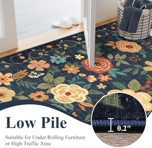 DUKINO 4x4 Square Area Rug, Floral Washable Rug for Entryway, Navy Blue - Image 7