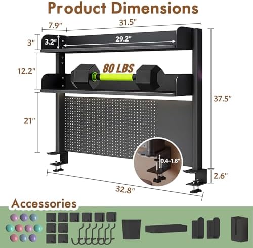 Clamp On Desk Shelf Organizer with Pegboard Desk Hutch Dorm with Storage Bookshelf Desk Top Organizer Shelf Multi-Purpose White & Black Desktop Shelves & Office Shelves (Black, W - 31.5") - Image 2