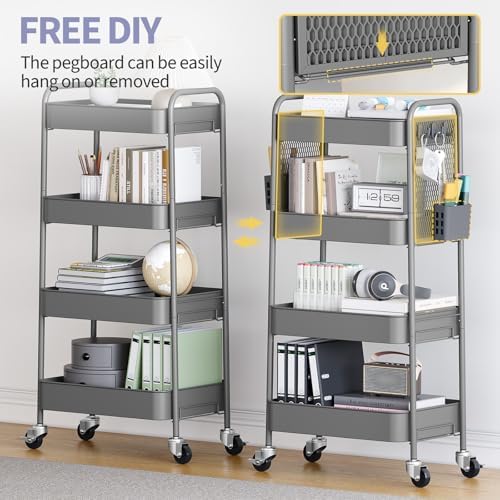 TOOLF 4 Tier Rolling Cart, Metal Utility Storage Cart with Pegboard, Grey - Image 2