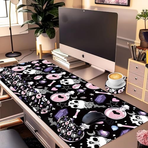 Large Gaming Mouse Pad Set 35.4 x 15.7 with Keyboard Wrist Rest, Wrist Support, and Coaster Memory Foam Smooth Desk Pad Mousepad for Home Office School - Skull Goth Magic Cute Witchy - Image 2