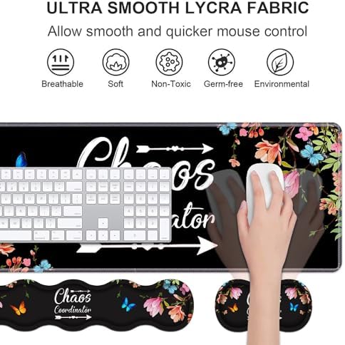 Ergonomic Keyboard Wrist Rest & Mouse Pad Wrist Rest Set, Chaos Coordinator Quote Vintage Watercolor Floral Large Gaming Desk Mat 31.5"x 11.8" with Memory Foam, Easy Typing Pain Relief for Home Office - Image 3
