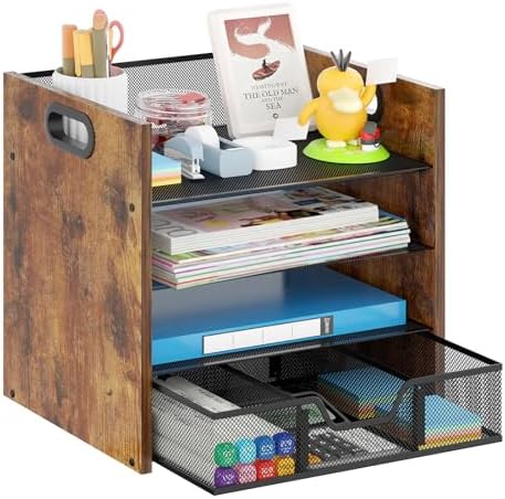 Desk Organizer - 4 Tier Desktop File Organizer with Drawer, Wooden Paper Tray Organizer, Office Desk Accessories Organizer for Papers, Mail, Notebooks, Stationery by BOERSHUN