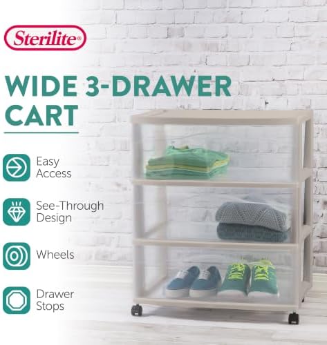 Sterilite Wide 3-Drawer Cart with Wheels, Grey, 2-Pack - Image 3