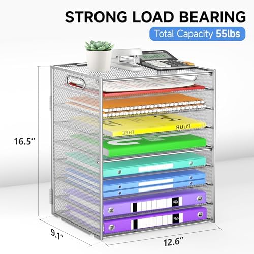 Cawukege 9 Tier Paper Organizer with Handle, Large Capacity Desk Organizer Mesh File Folder Letter Paper Tray Desktop Document Sorter for Classroom, School, and Office Accessories Organization- Silver - Image 6