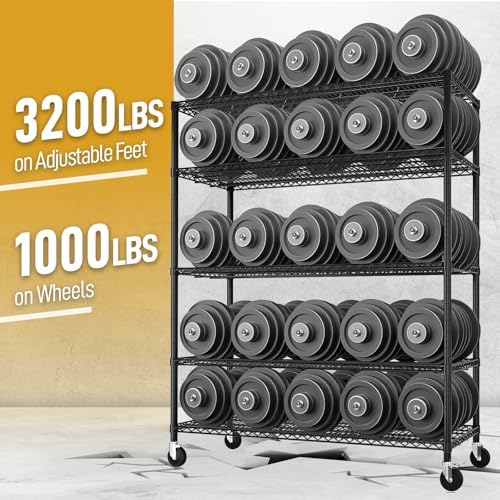 5 Tier Storage Racks Shelving, Heavy Steel Pantry Shelves, Adjustable Wire Shelving Rack with Wheels, Suitable for Garage, Kitchen, Bathroom, Office, 55" W x 24" D x 76" H, Black - Image 5