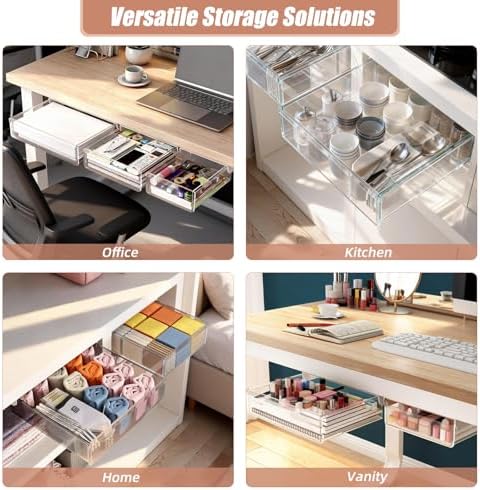 3 Pack Under Desk Drawer Slide Out Storage Organizer, Clear White 3 Sizes (S/M/L), Dual-Mount Hidden Table Tray for Tablets, Planners & Office Supplies - Image 3