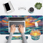 Britimes Keyboard Mouse Pad Set, 4 in 1 Desk Mat Set, Gold Sun Ocean - Image 5