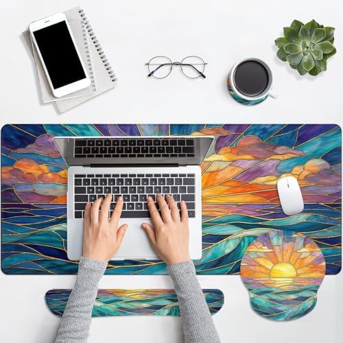 Britimes Keyboard Mouse Pad Set, 4 in 1 Desk Mat Set, Gold Sun Ocean - Image 5