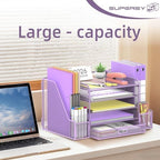 SUPEASY Mesh Desk Organizer with File Holder, 5-Tier Paper Letter Tray Organizer with Magazine Holder, Desktop Organizer and Storage with Drawer for Office Supplies Home or School (Purple) - Image 2