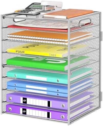 Cawukege 9 Tier Paper Organizer with Handle, Large Capacity Desk Organizer Mesh File Folder Letter Paper Tray Desktop Document Sorter for Classroom, School, and Office Accessories Organization- Silver by Cawukege