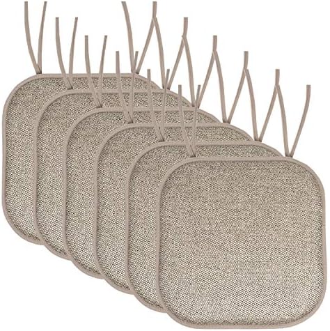 Sweet Home Collection Chair Cushion Memory Foam Pads with Ties Honeycomb Pattern Slip Non Skid Rubber Back Rounded Square 16" x 16" Seat Cover, 6 Pack, Cameron Beige Taupe by SweetHomeCollection