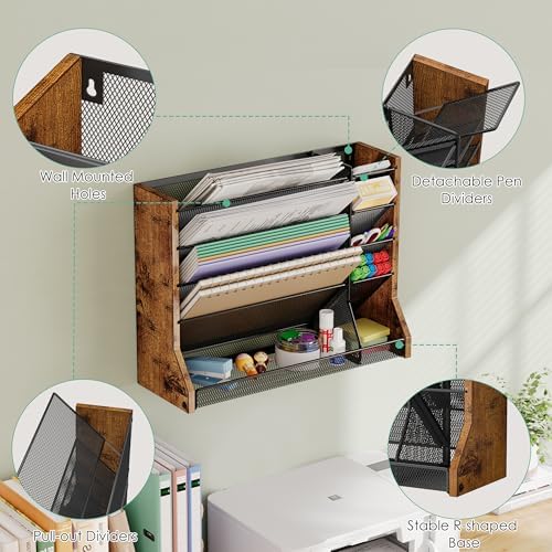 Jakyitvi 5 Tiers Ironwood Wall Desk File Holder Organizer Organizer, Brown - Image 2