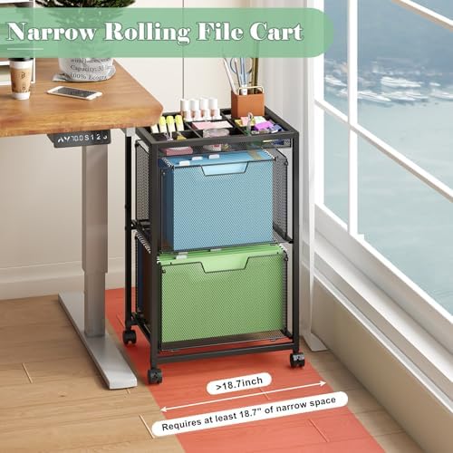 Rolling File Cart with 2 Drawers, Under Desk Storage Cabinet with DIY Divider, Letter/Legal Mobile Filling Cabinet on Wheels, Hanging File Folders Organizer, Metal Utility Cart for Home Office, Black - Image 2