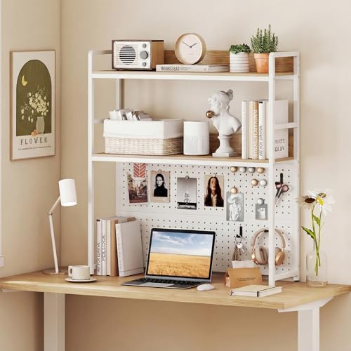 Tangkula Desktop Bookshelf, Multipurpose 2-Tier Desk Hutch with Pegboard, Industrial Countertop Storage Organizer Rack for up to 32" Computer Monitor, Hutch for Dorm Home Office (Natural) - Image 4