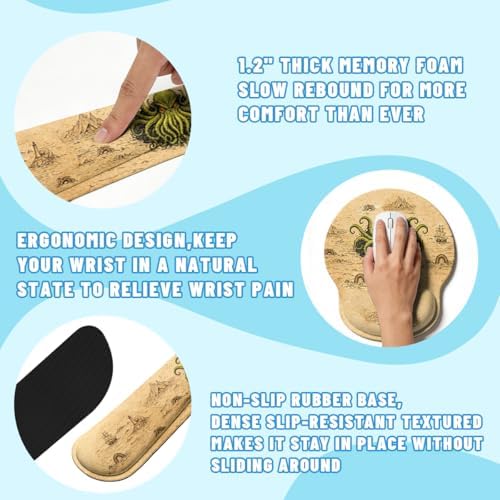Octopus Monster Desk Mat Set Cthulhu Dark Sea Pirate Fantasy Mouse Pad with Wrist Rest 4in1 Desk Mat for Desktop Ergonomic Keyboard Wrist Support Anti-Slip Computer Mouse Pad Home Office Gaming - Image 3