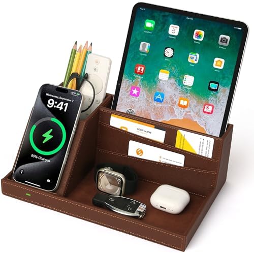 Fast Wireless Charging Station with Desk Organizer for iPhone 17/16/15/15 Pro/14/14 Pro Max/14 Pro/14 Plus/13/13 Pro Max/13 Pro/and iPhone 12/11 Series, Nightstand Desktop Organizer, Brown by wirelessfuturecharger