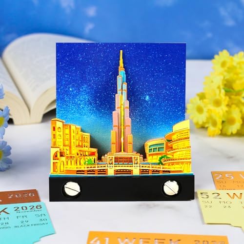 3D Art Calendar 2026,3D Memo Pad Creative Time Piece Calendar Tower of Dubai Rip Away Paper Carving Multi-color DIY Note - Image 2