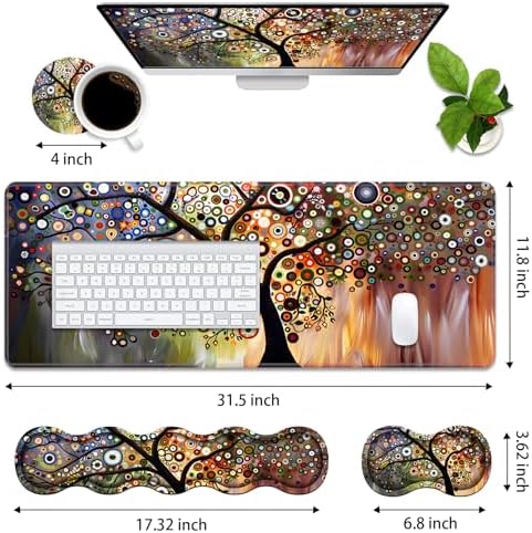 4 in 1 Ergonomic Memory Foam Mouse Pad Wrist Rest Set, Large XXL Gaming Desk Pad + Keyboard Wrist Rest + Mouse Wrist Cushion + Coaster for Home Office Study Gaming, Tree of Life - Image 2