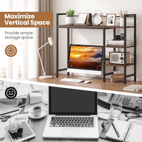 GIANTEX Desktop Bookshelf, 38.5" Dorm Desk Hutch for 27" Monitor (Brown) - Image 6
