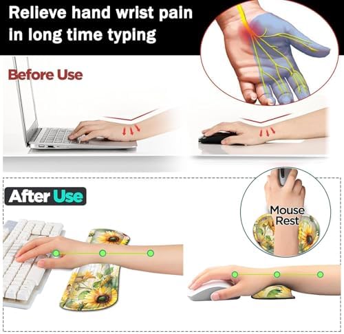 Large Gaming Mouse Pad+ Keyboard Wrist Rest Set, Ergonomics Memory Foam Mouse Mat Wrist Rest Support for Home Office, Waterproof Extended Mousepad 31.5x11.8in, Sunflower White Desk Pad - Image 5