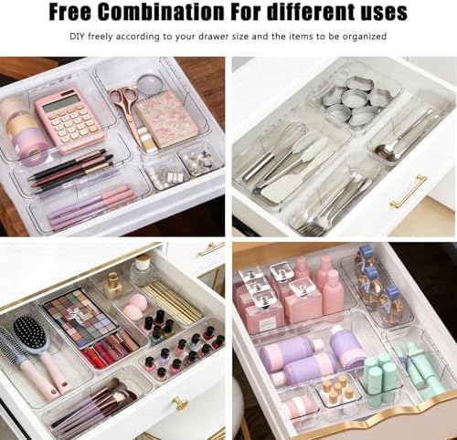 14 PCS Adjustable Clear Drawer Organizer Set - 3-Size Acrylic Storage Boxes for Makeup, Stationery, Kitchen Utensils, Tools & Bedroom Dresser Organization - Image 5