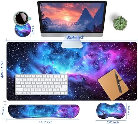 4-Piece Extended Large Mouse Pad Set for Women Men with Galaxy Design Includes 35.4 x 15.7 XXL Large Mouse Pad Keyboard Wrist Rest Mouse Wrist Support and Coaster for Office Home - Image 5