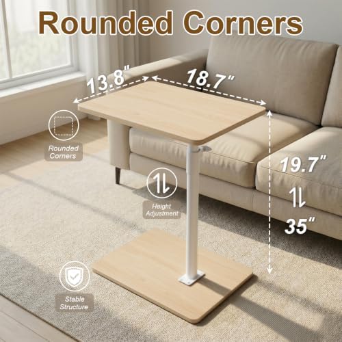 YUHFERA Sofa Armrest Tray Table for Couch - 360 Swivel Height Adjustable End Table for Small Spaces, Snack Side Table for Bed or Chair with Phone & Tablet Slot (Oak, Enlarged) - Image 2