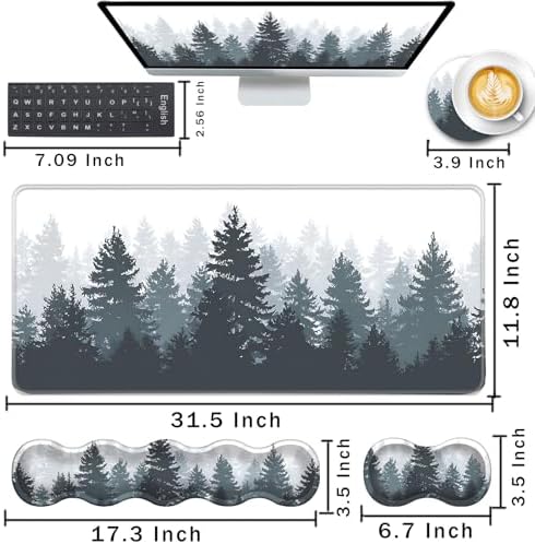 Keyboard Wrist Rest and Mouse Pad with Wrist Support Set Ergonomic Coaster,Memory Foam,Easy Typing Pain Relief,Large XL Desk Mat 31.5"x 11.8",Misty Forest Tree - Image 2