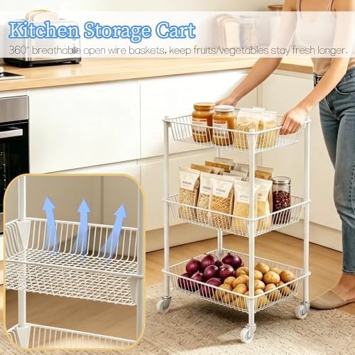 Kitchen Storage Cart for Fruit Vegetable 3 Tier Utility Cart with Wheels, White Rolling Pantry Floor Organizer Onion Potato Storage, Metal Wire Basket Stand Snack Shelf Home Organization - Image 4