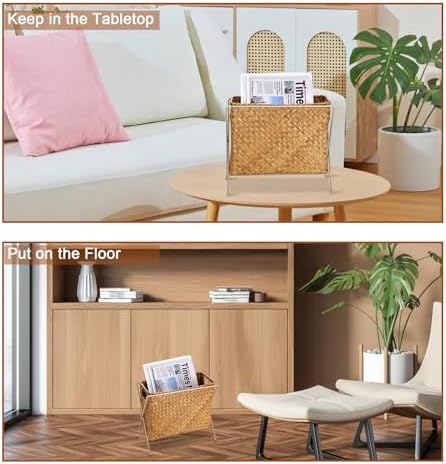 BTSKY Handwoven Magazine Holder, Natural Seagrass Magazine Basket with Metal Rack, Mail Holder Floor Organizer for Office, Living Room, Dorm, Bathroom, Woven Rattan File Basket with Handle(Caramel) - Image 7