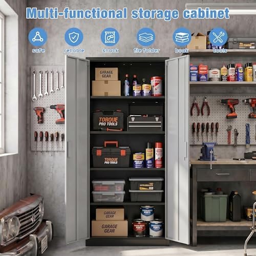 SUXXAN 71-Inch Metal Garage Storage Cabinet with Locking Doors,Black-Grey - Image 6