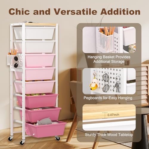 Rolling Cart with Drawers, Rolling Storage Cart with Large Plastic Drawers & Wooden Tabletop, Utility Cart with Pegboards & Basket, Storage Drawers Cart for Living Room, Classroom, Bedroom, Office - Image 6